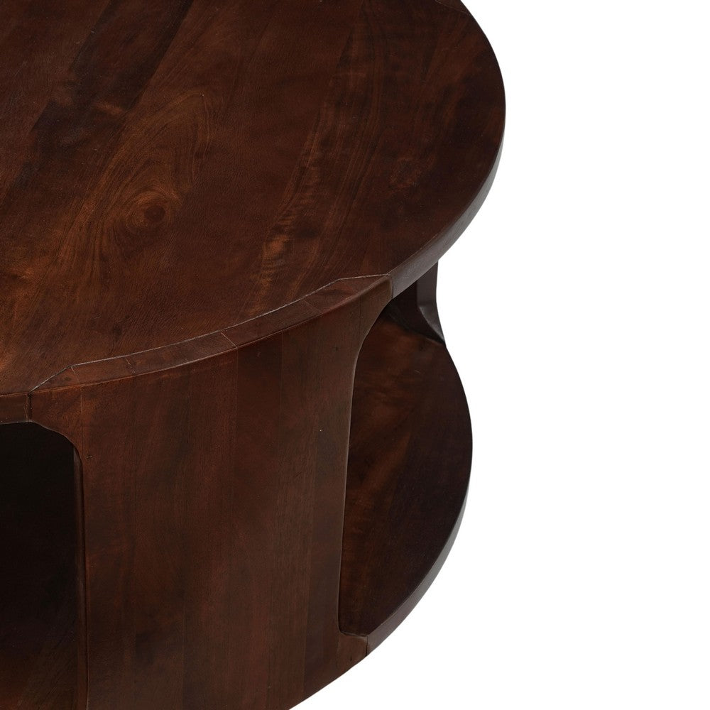 Bard Coffee Table, 38 Inch Round Top with Shelf, Walnut Brown Mango Wood Sculptural Frame - UPT-336136