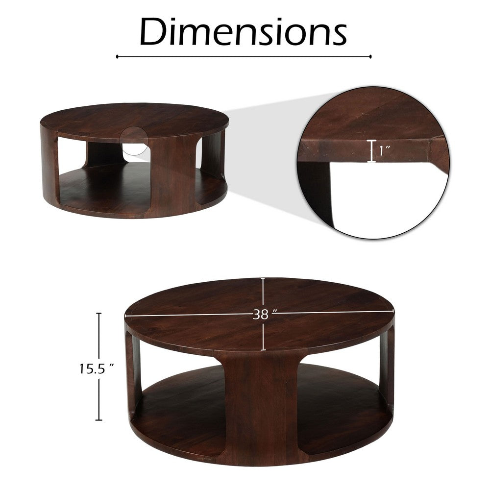 Bard Coffee Table, 38 Inch Round Top with Shelf, Walnut Brown Mango Wood Sculptural Frame - UPT-336136