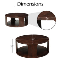 Bard Coffee Table, 38 Inch Round Top with Shelf, Walnut Brown Mango Wood Sculptural Frame - UPT-336136