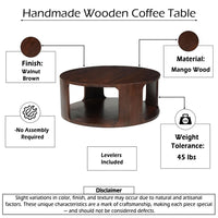 Bard Coffee Table, 38 Inch Round Top with Shelf, Walnut Brown Mango Wood Sculptural Frame - UPT-336136