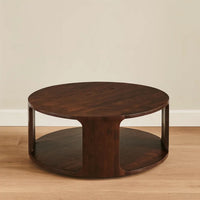 Bard Coffee Table, 38 Inch Round Top with Shelf, Walnut Brown Mango Wood Sculptural Frame - UPT-336136