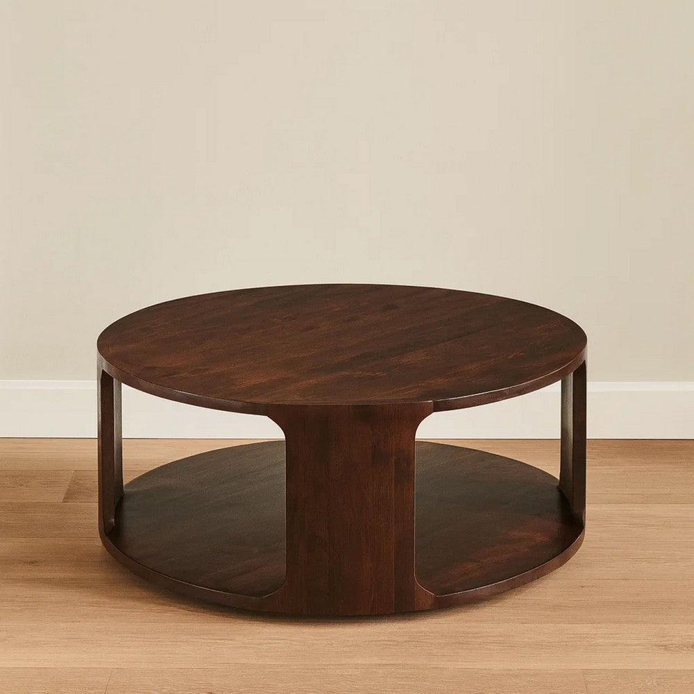 Bard Coffee Table, 38 Inch Round Top with Shelf, Walnut Brown Mango Wood Sculptural Frame - UPT-336136