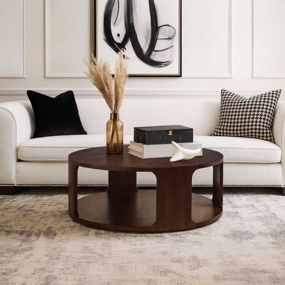 Bard Coffee Table, 38 Inch Round Top with Shelf, Walnut Brown Mango Wood Sculptural Frame - UPT-336136