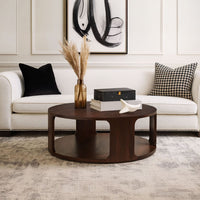 Bard Coffee Table, 38 Inch Round Top with Shelf, Walnut Brown Mango Wood Sculptural Frame - UPT-336136