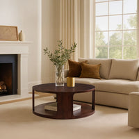 Bard Coffee Table, 38 Inch Round Top with Shelf, Walnut Brown Mango Wood Sculptural Frame - UPT-336136