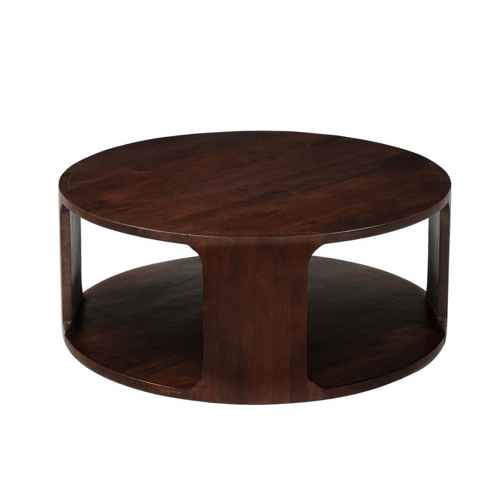 Bard Coffee Table, 38 Inch Round Top with Shelf, Walnut Brown Mango Wood Sculptural Frame - UPT-336136