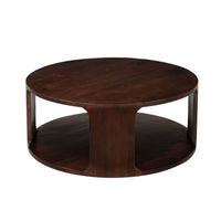 Bard Coffee Table, 38 Inch Round Top with Shelf, Walnut Brown Mango Wood Sculptural Frame - UPT-336136