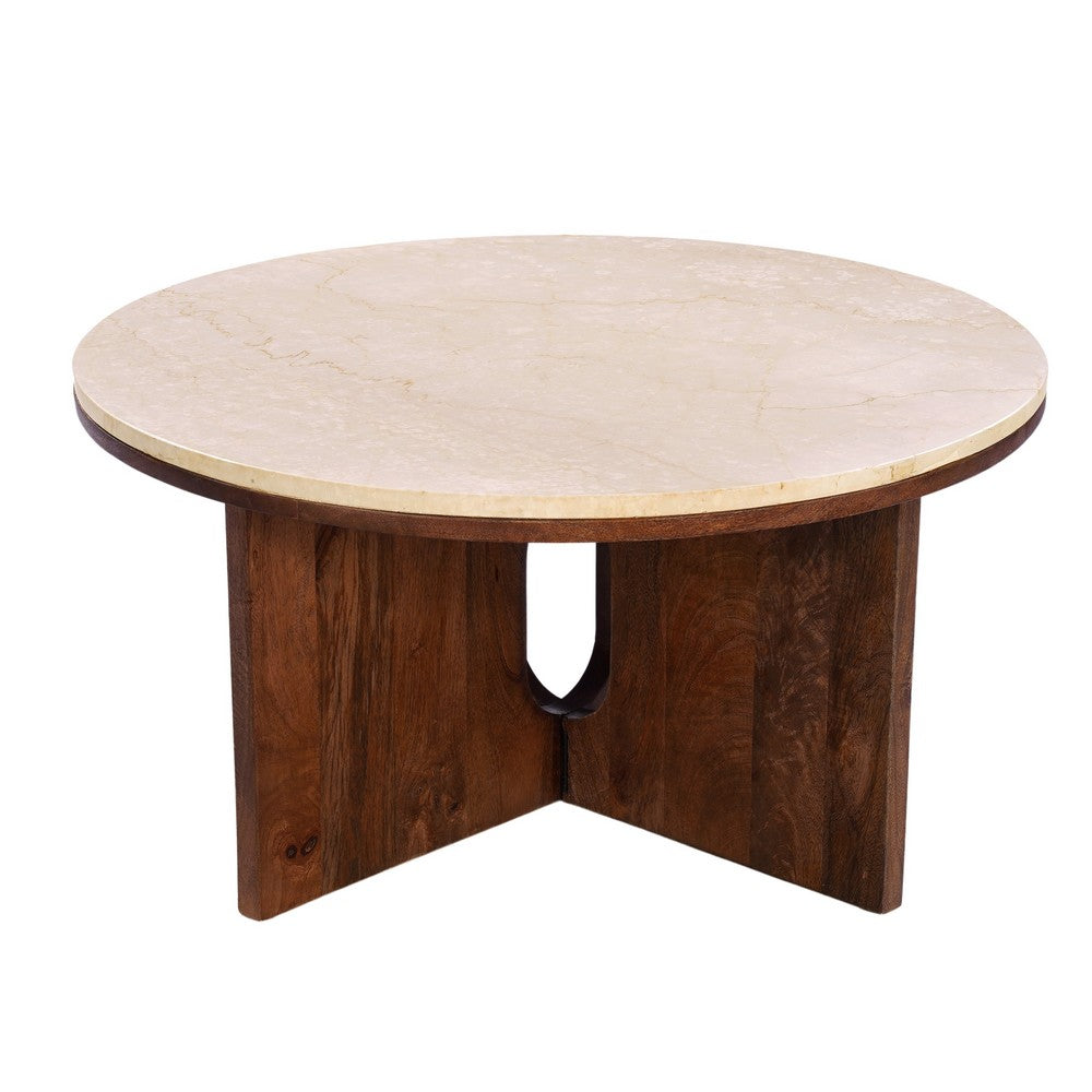 Kara Coffee Table, 29 Inch Round Botticino Marble Top, Brown Mango Wood 3 Panel Tripod - UPT-336137