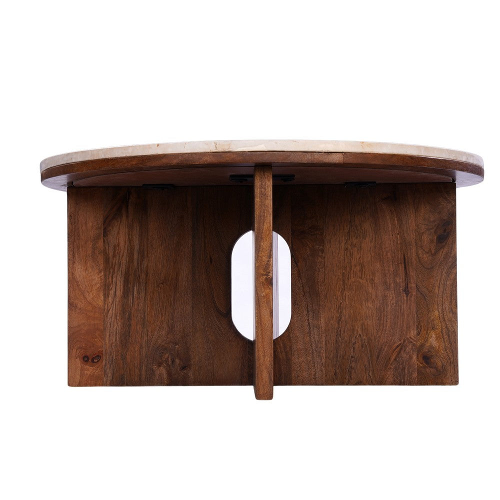 Kara Coffee Table, 29 Inch Round Botticino Marble Top, Brown Mango Wood 3 Panel Tripod - UPT-336137