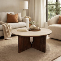 Kara Coffee Table, 29 Inch Round Botticino Marble Top, Brown Mango Wood 3 Panel Tripod - UPT-336137