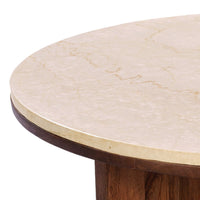 Kara Coffee Table, 29 Inch Round Botticino Marble Top, Brown Mango Wood 3 Panel Tripod - UPT-336137