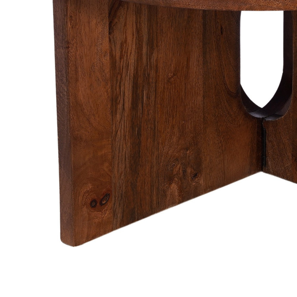 Kara Coffee Table, 29 Inch Round Botticino Marble Top, Brown Mango Wood 3 Panel Tripod - UPT-336137