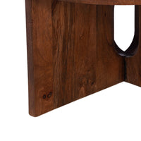 Kara Coffee Table, 29 Inch Round Botticino Marble Top, Brown Mango Wood 3 Panel Tripod - UPT-336137