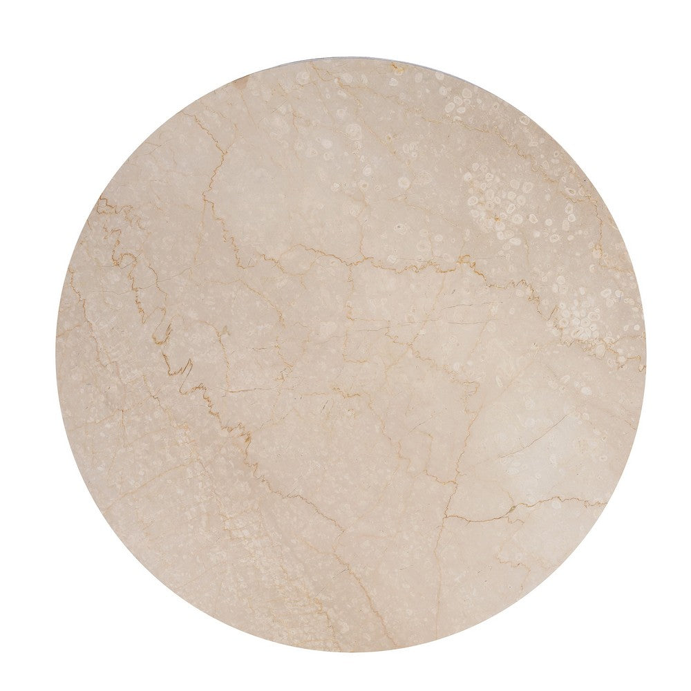 Kara Coffee Table, 29 Inch Round Botticino Marble Top, Brown Mango Wood 3 Panel Tripod - UPT-336137