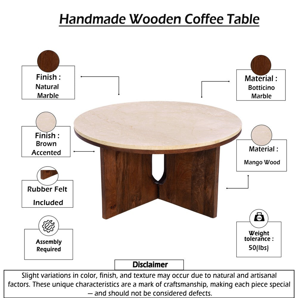 Kara Coffee Table, 29 Inch Round Botticino Marble Top, Brown Mango Wood 3 Panel Tripod - UPT-336137
