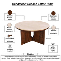 Kara Coffee Table, 29 Inch Round Botticino Marble Top, Brown Mango Wood 3 Panel Tripod - UPT-336137