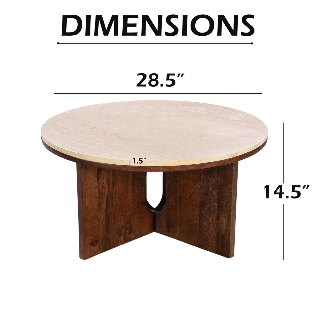 Kara Coffee Table, 29 Inch Round Botticino Marble Top, Brown Mango Wood 3 Panel Tripod - UPT-336137
