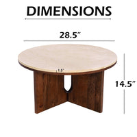 Kara Coffee Table, 29 Inch Round Botticino Marble Top, Brown Mango Wood 3 Panel Tripod - UPT-336137