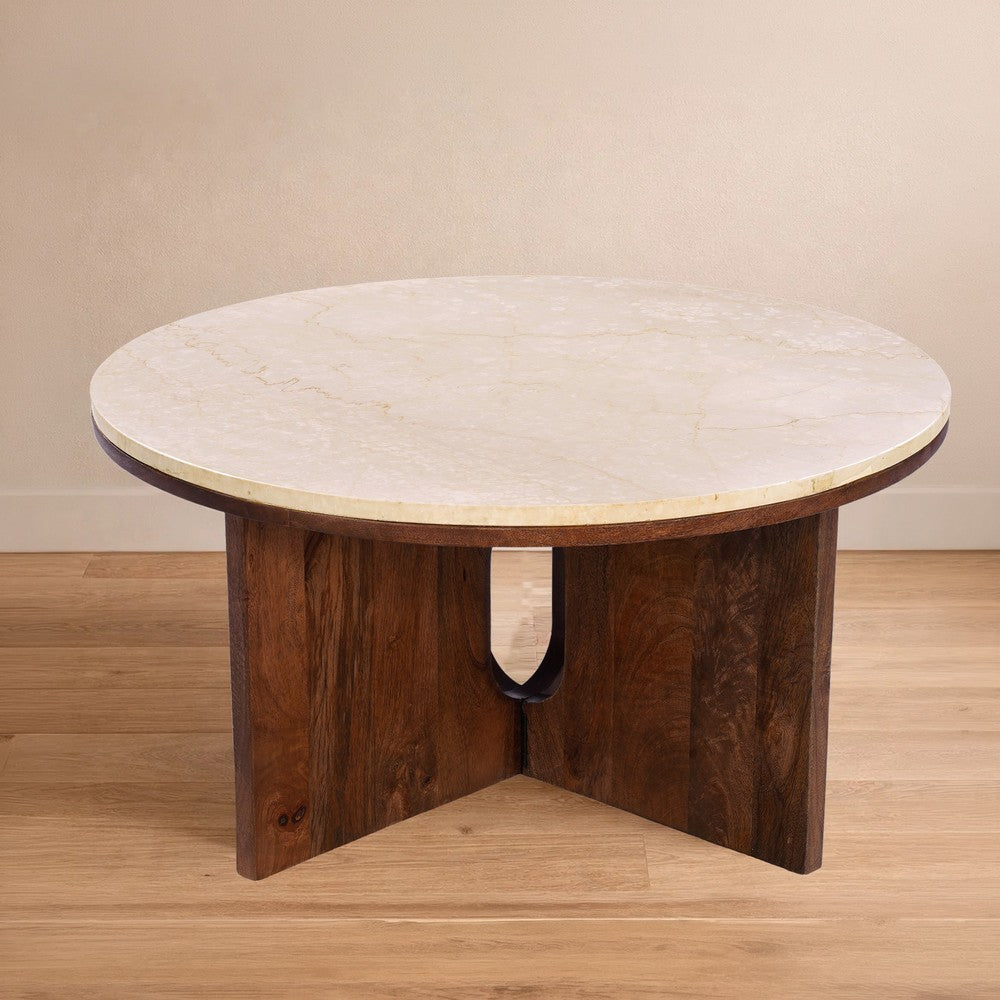 Kara Coffee Table, 29 Inch Round Botticino Marble Top, Brown Mango Wood 3 Panel Tripod - UPT-336137