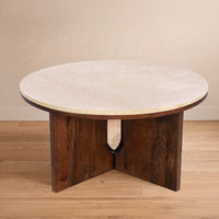 Kara Coffee Table, 29 Inch Round Botticino Marble Top, Brown Mango Wood 3 Panel Tripod - UPT-336137