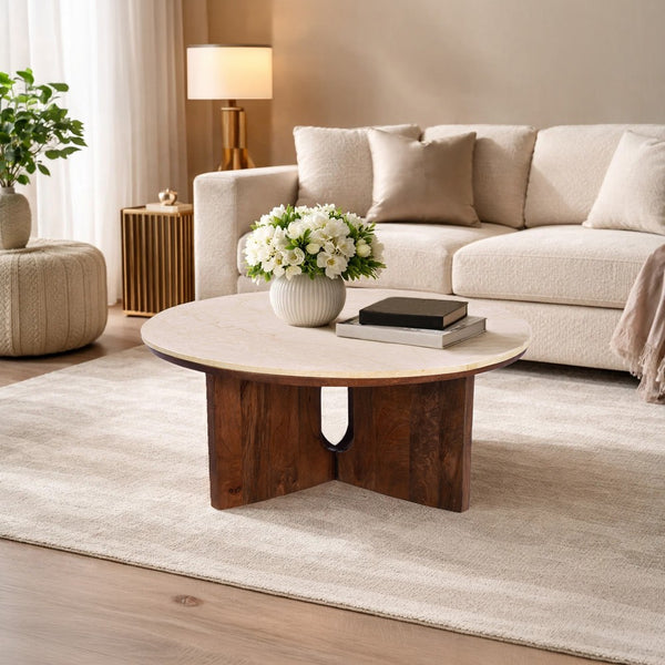 Kara Coffee Table, 29 Inch Round Botticino Marble Top, Brown Mango Wood 3 Panel Tripod - UPT-336137