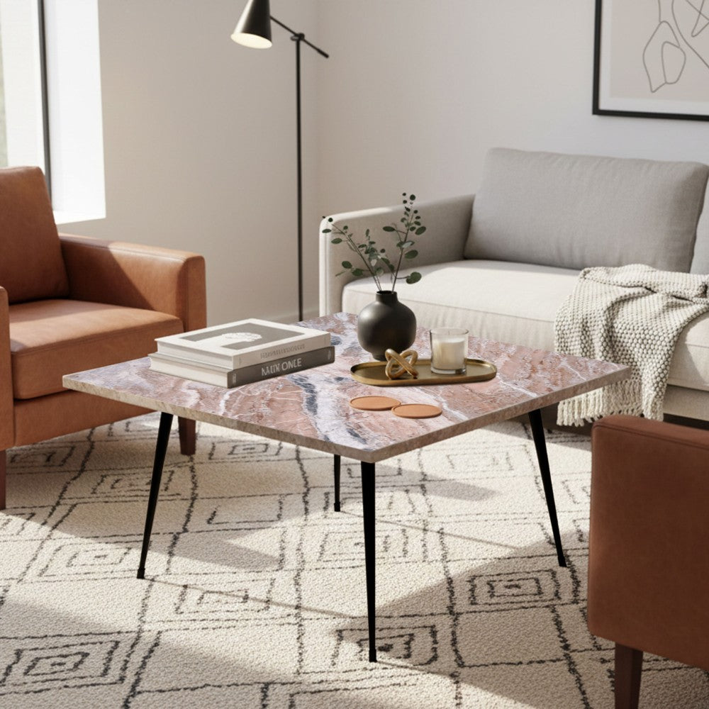 Taro Cocktail Table | 24 Inch Square Taupe Brown Marble Top | Indoor & Outdoor Patio Table | Black Metal Legs - UPT-336138