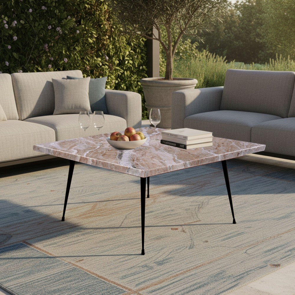 Taro Cocktail Table | 24 Inch Square Taupe Brown Marble Top | Indoor & Outdoor Patio Table | Black Metal Legs - UPT-336138
