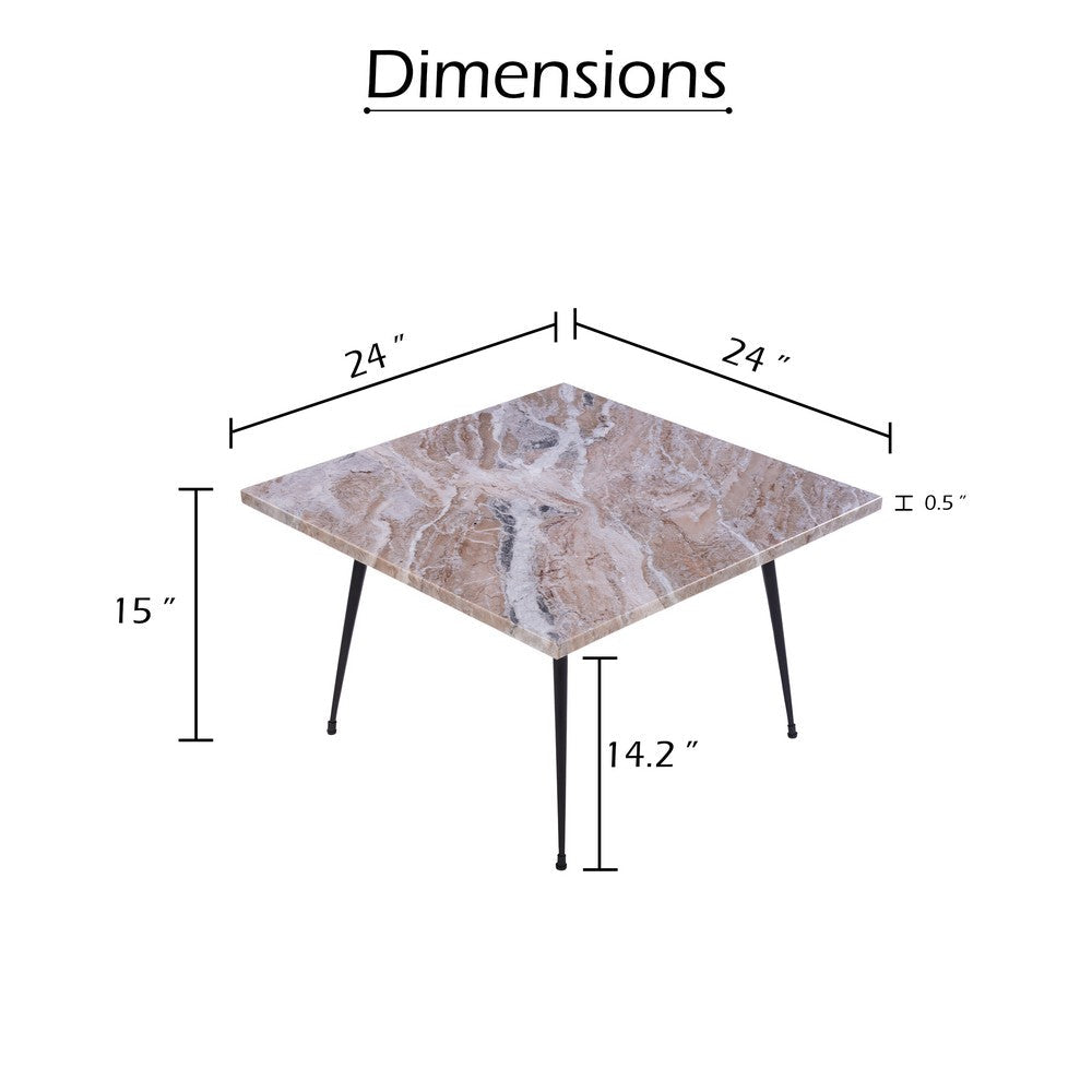 Taro Coffee Table | 24 Inch Square Taupe Brown Real Marble Top | Black Metal Legs - UPT-336138
