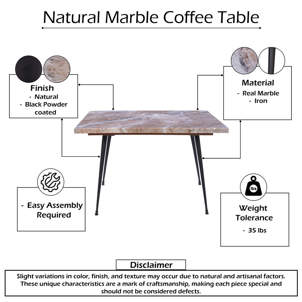 Taro Coffee Table | 24 Inch Square Taupe Brown Real Marble Top | Black Metal Legs - UPT-336138