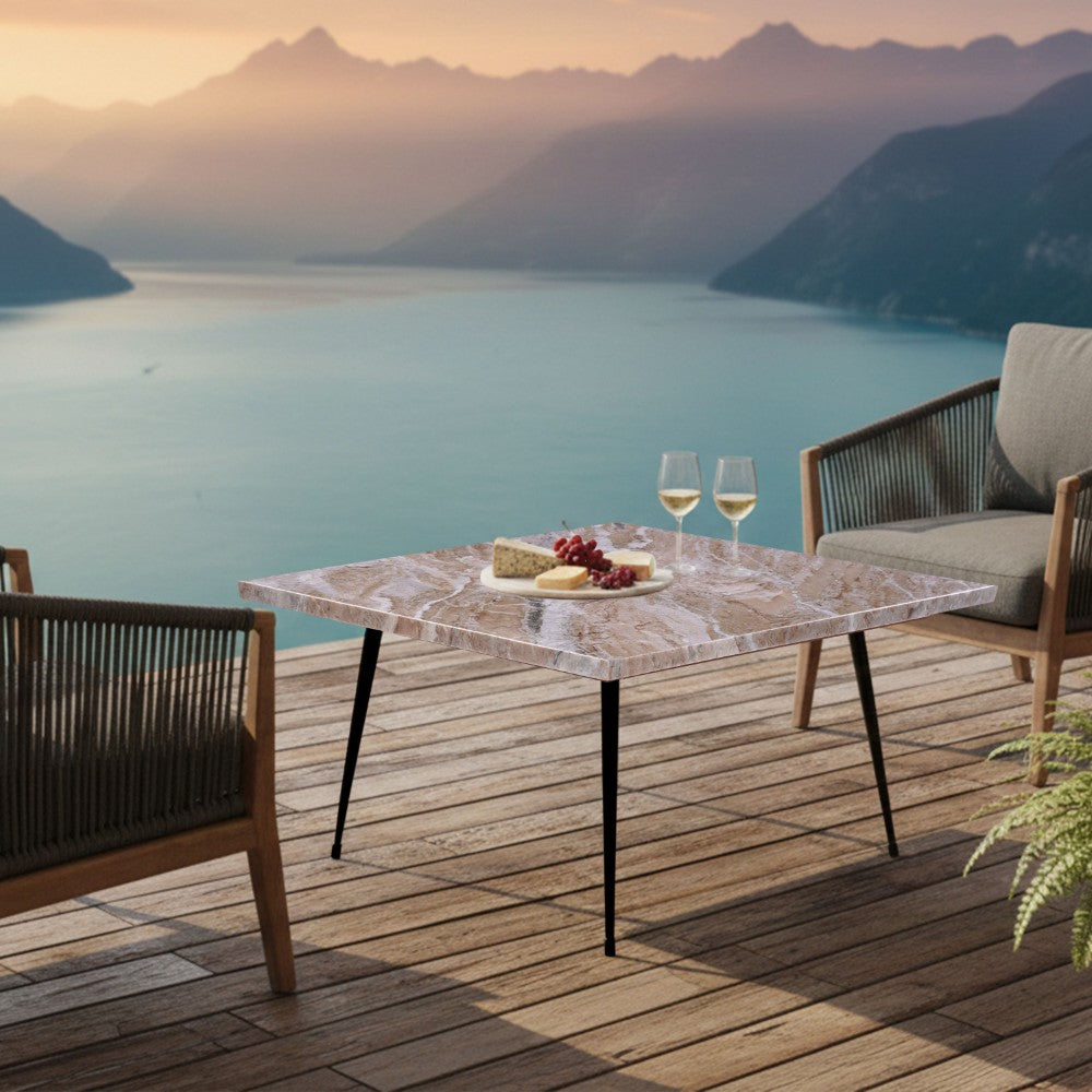 Taro Cocktail Table | 24 Inch Square Taupe Brown Marble Top | Indoor & Outdoor Patio Table | Black Metal Legs - UPT-336138