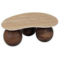 Resh Accent Coffee Table, Curved Natural Travertine Top, Round 3 Balls Wood Base - UPT-336139