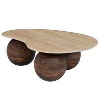 Resh Accent Coffee Table, Curved Natural Travertine Top, Round 3 Balls Wood Base - UPT-336139