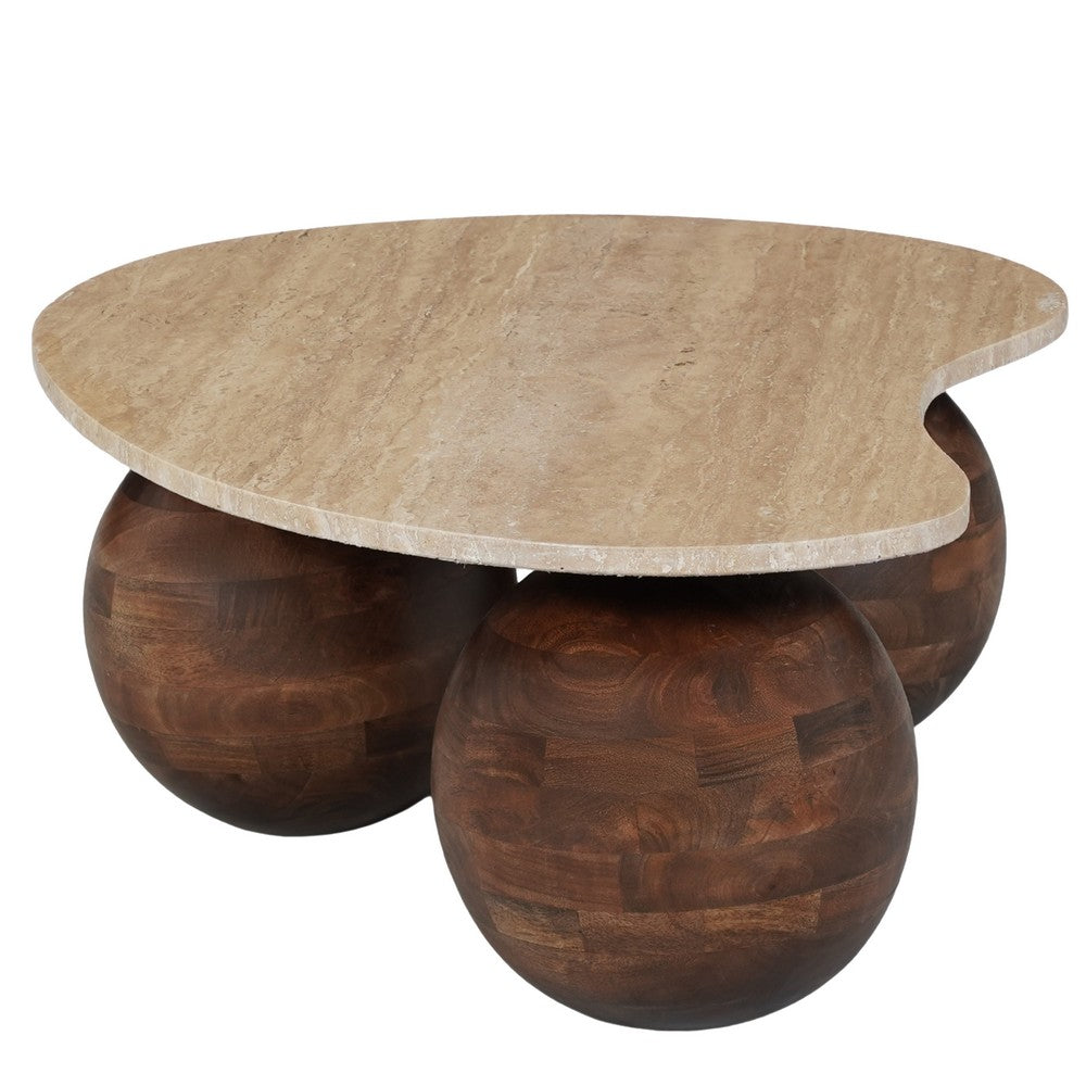 Resh Accent Coffee Table, Curved Natural Travertine Top, Round 3 Balls Wood Base - UPT-336139
