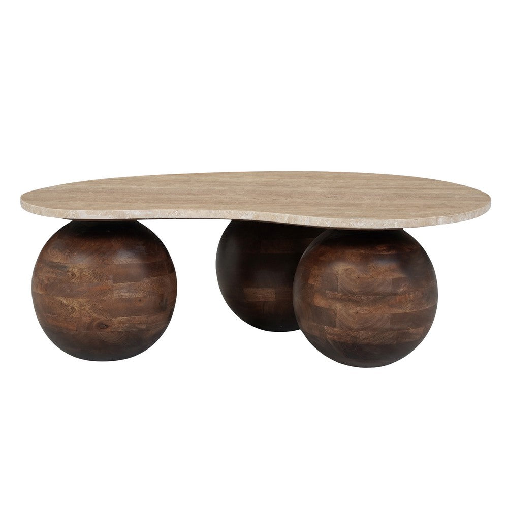 Resh Accent Coffee Table, Curved Natural Travertine Top, Round 3 Balls Wood Base - UPT-336139
