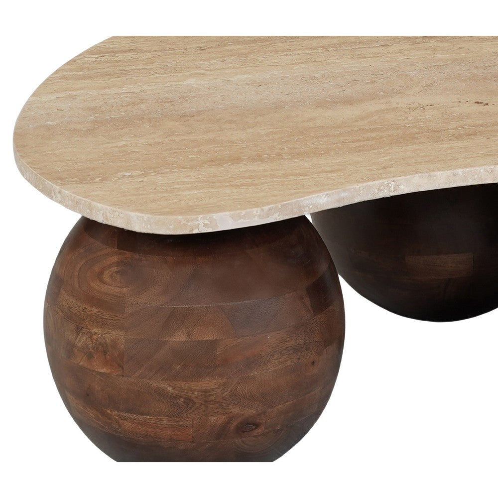 Resh Accent Coffee Table, Curved Natural Travertine Top, Round 3 Balls Wood Base - UPT-336139