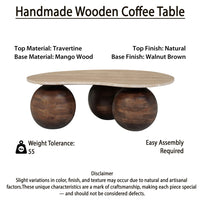 Resh Accent Coffee Table, Curved Natural Travertine Top, Round 3 Balls Wood Base - UPT-336139