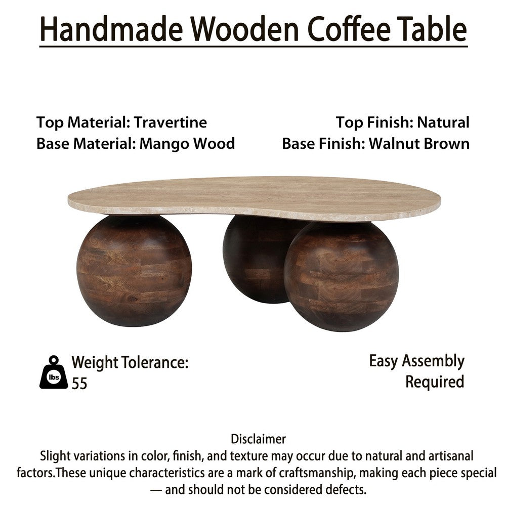 Resh Accent Coffee Table, Curved Natural Travertine Top, Round 3 Balls Wood Base - UPT-336139