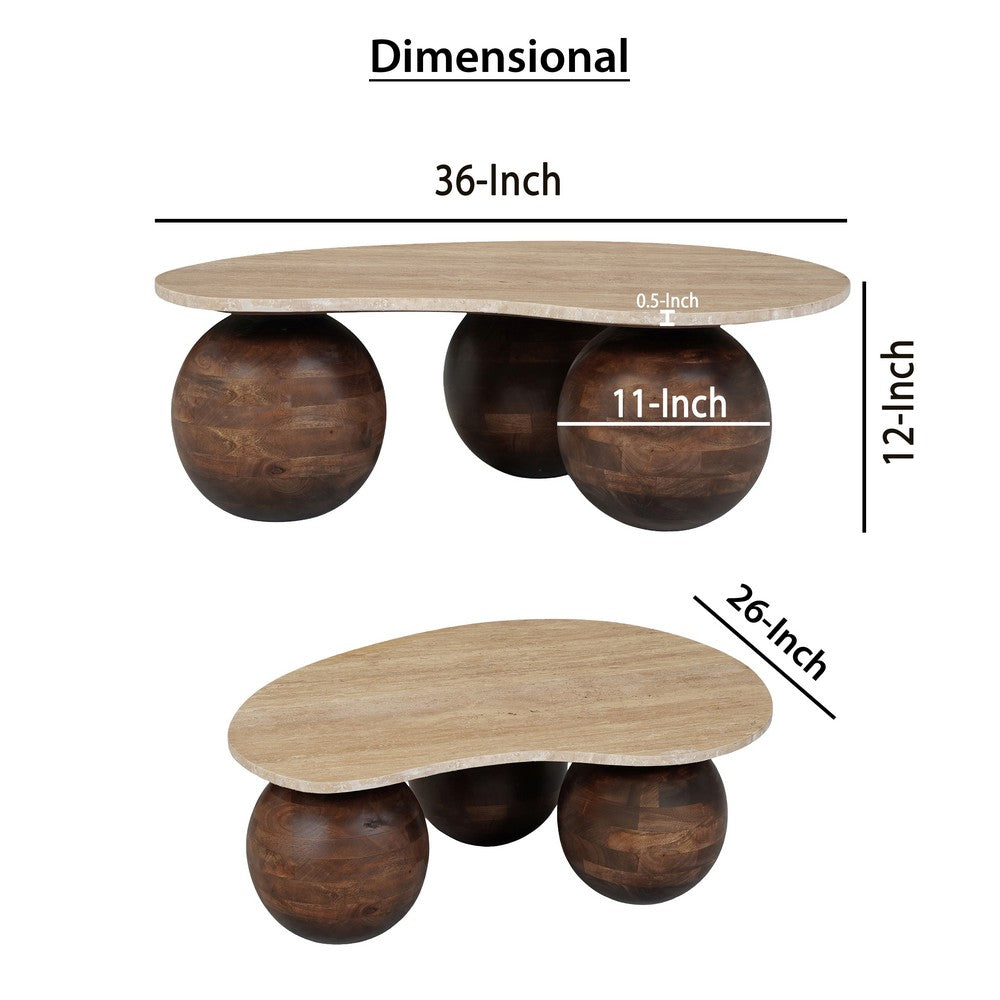 Resh Accent Coffee Table, Curved Natural Travertine Top, Round 3 Balls Wood Base - UPT-336139