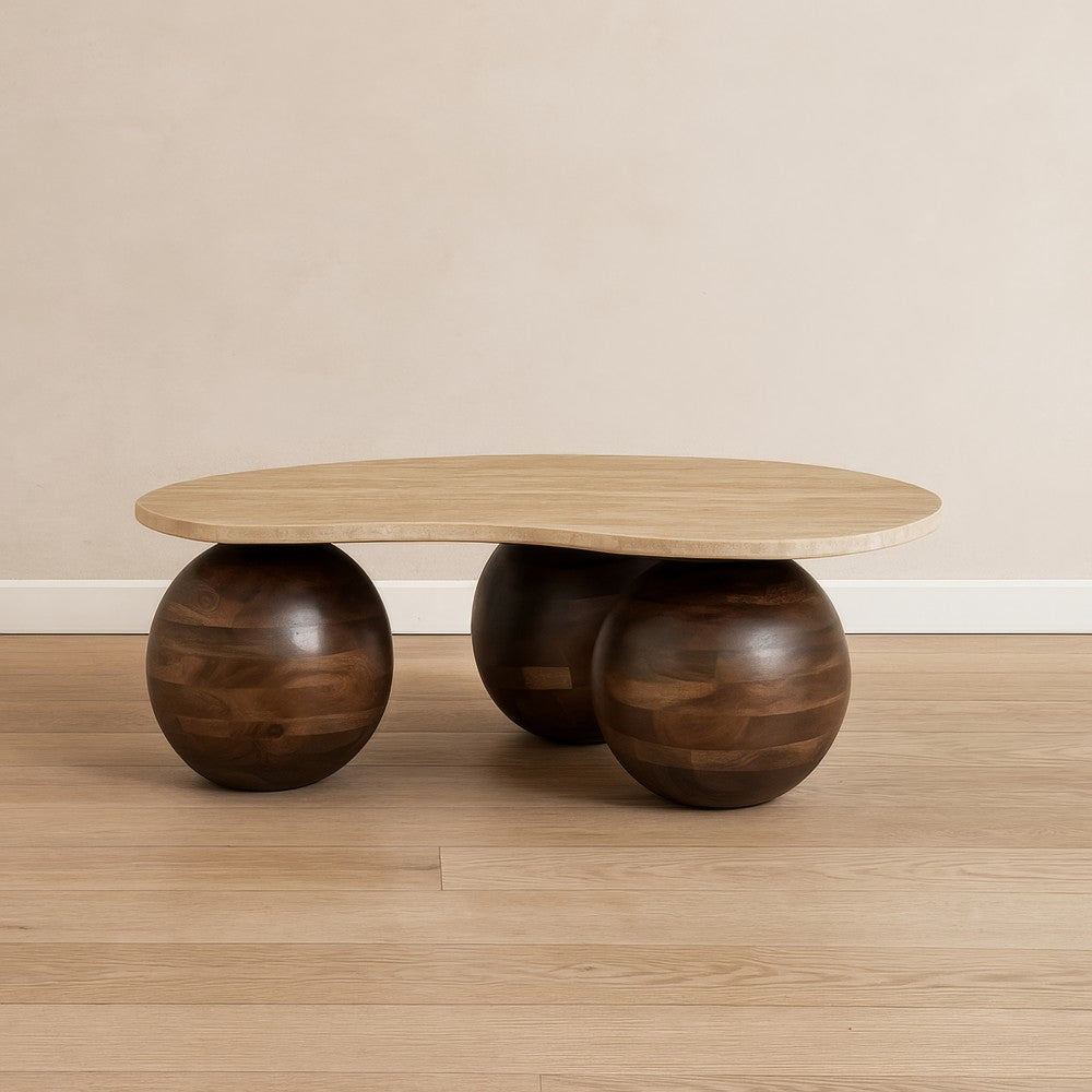 Resh Accent Coffee Table, Curved Natural Travertine Top, Round 3 Balls Wood Base - UPT-336139