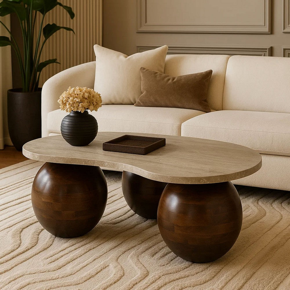 Resh Accent Coffee Table, Curved Natural Travertine Top, Round 3 Balls Wood Base - UPT-336139