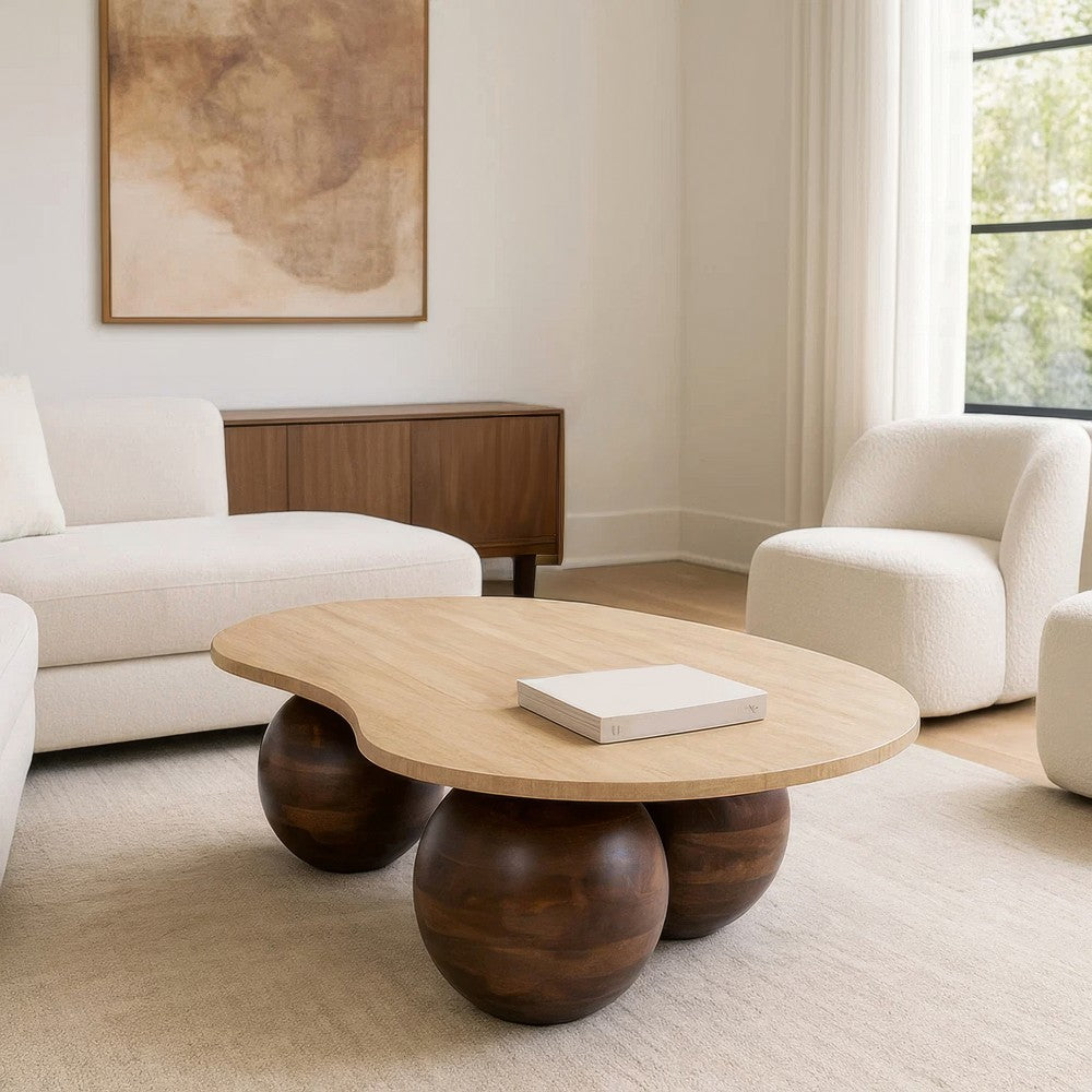 Resh Accent Coffee Table, Curved Natural Travertine Top, Round 3 Balls Wood Base - UPT-336139