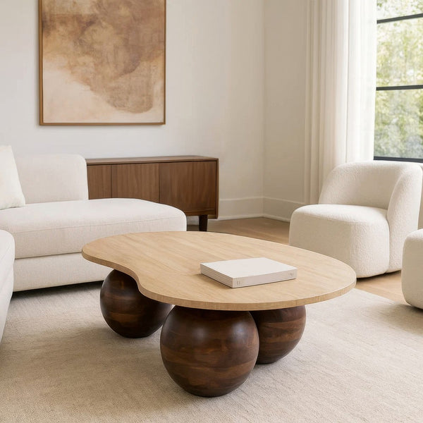 Resh Accent Coffee Table, Curved Natural Travertine Top, Round 3 Balls Wood Base - UPT-336139