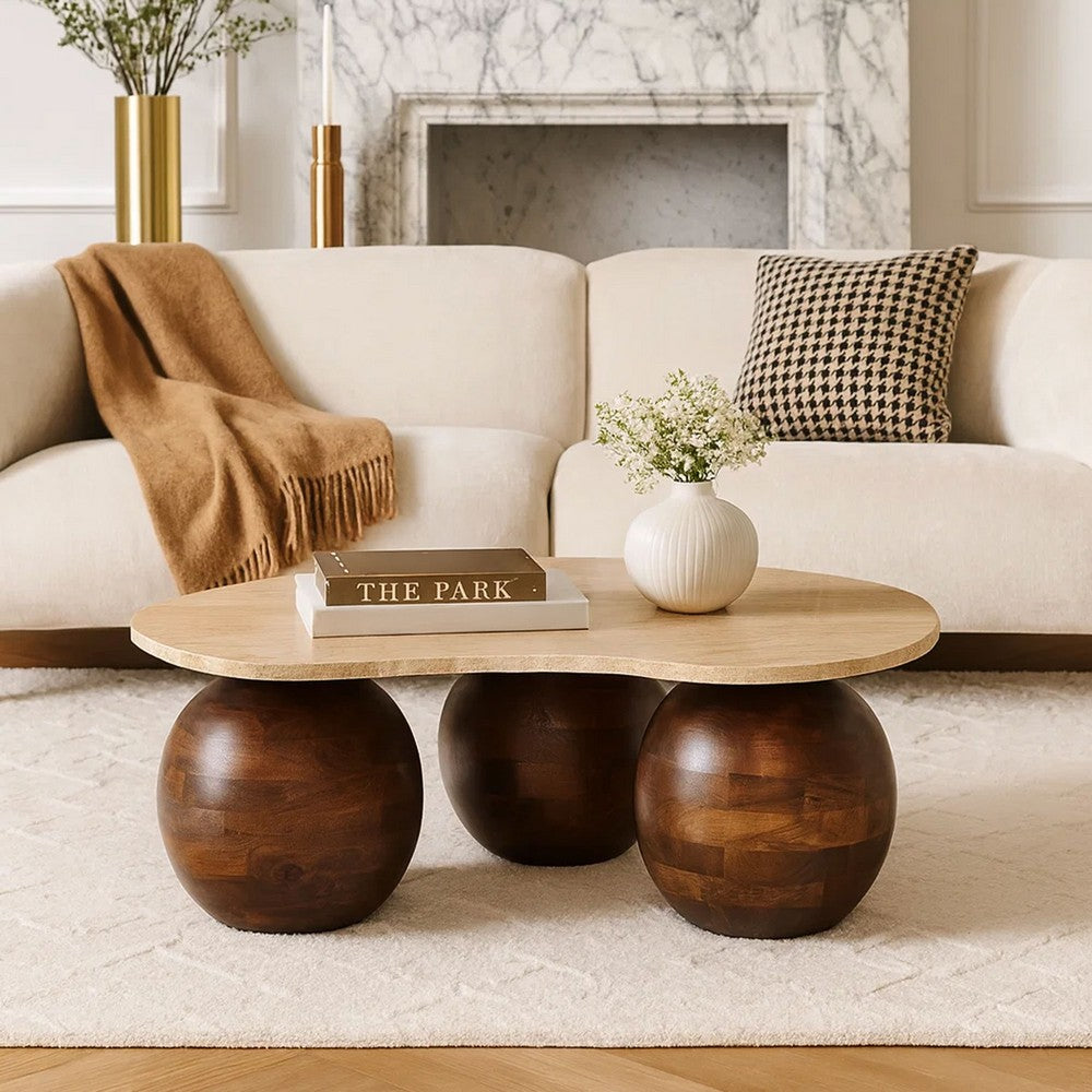 Resh Accent Coffee Table, Curved Natural Travertine Top, Round 3 Balls Wood Base - UPT-336139