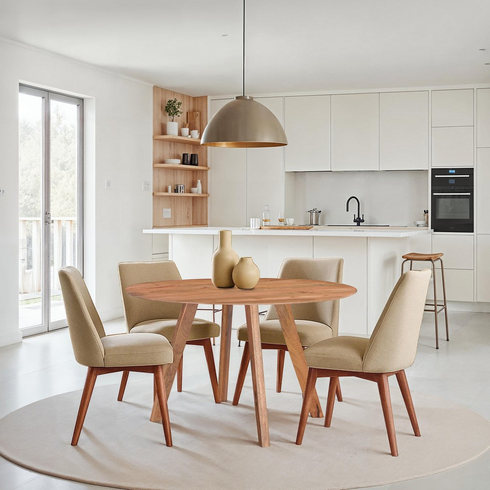 Temi Dining Table | 47" Round Top | Handmade Natural Brown Mango Wood | Angled Four Legged Base - UPT-336458