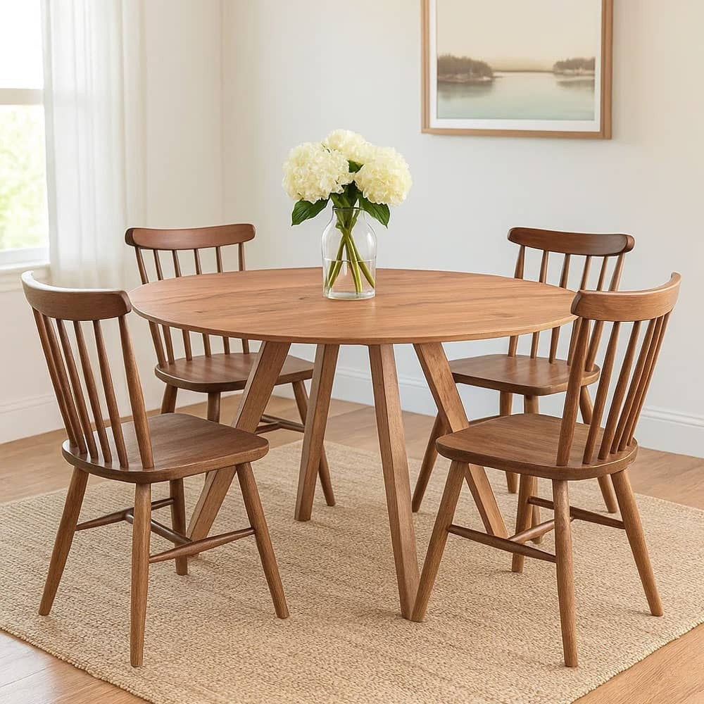 Temi Dining Table | 47" Round Top | Handmade Natural Brown Mango Wood | Angled Four Legged Base - UPT-336458