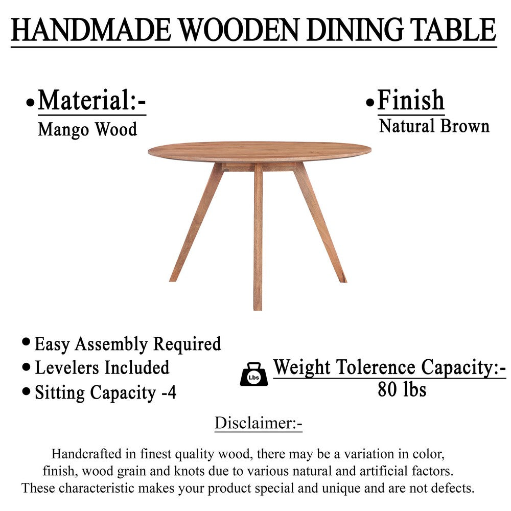 Temi Dining Table | 47" Round Top | Handmade Natural Brown Mango Wood | Angled Four Legged Base - UPT-336458