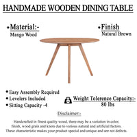 Temi Dining Table | 47" Round Top | Handmade Natural Brown Mango Wood | Angled Four Legged Base - UPT-336458
