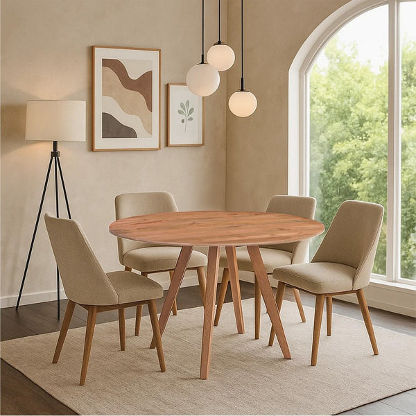 Temi Dining Table | 47" Round Top | Handmade Natural Brown Mango Wood | Angled Four Legged Base - UPT-336458