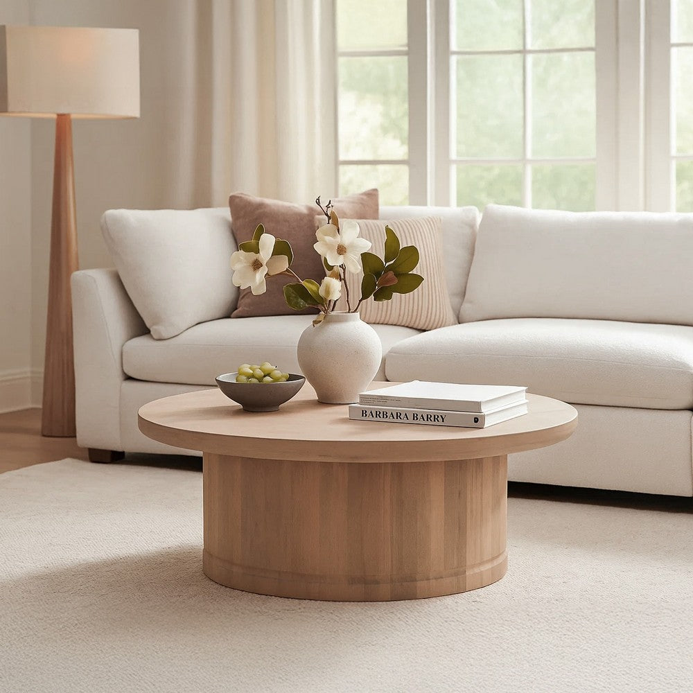 Bela Coffee Table | 47 Inch Round Top | Handcrafted Beige Mango Wood Pedestal Base - UPT-336459