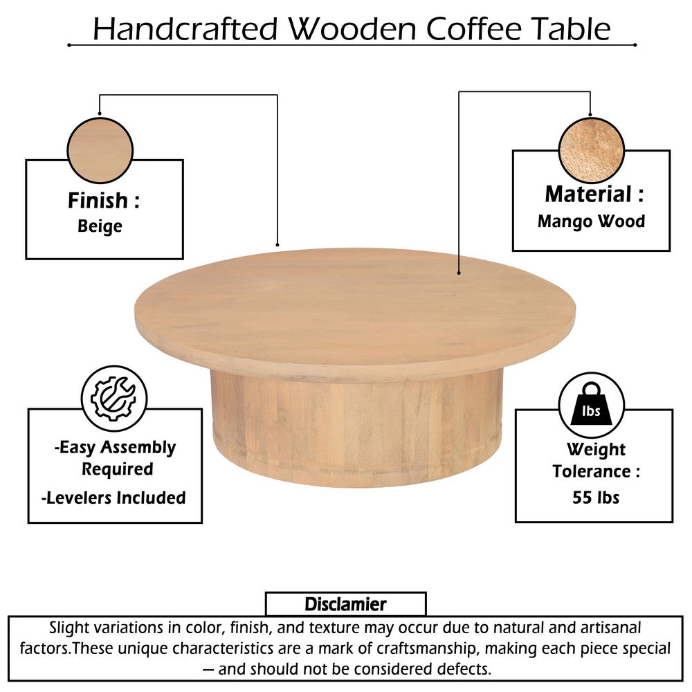Bela Coffee Table | 47 Inch Round Top | Handcrafted Beige Mango Wood Pedestal Base - UPT-336459